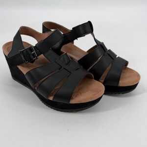 Vionic Black Leather Platform Sandals Womens 7 Wide‎ Orthotic Buckle Comfortable